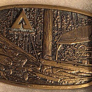 Vintage Metal Belt Buckle, Brass, Weyerhaeuser, Rothschild, Lumber, Trees, Nice